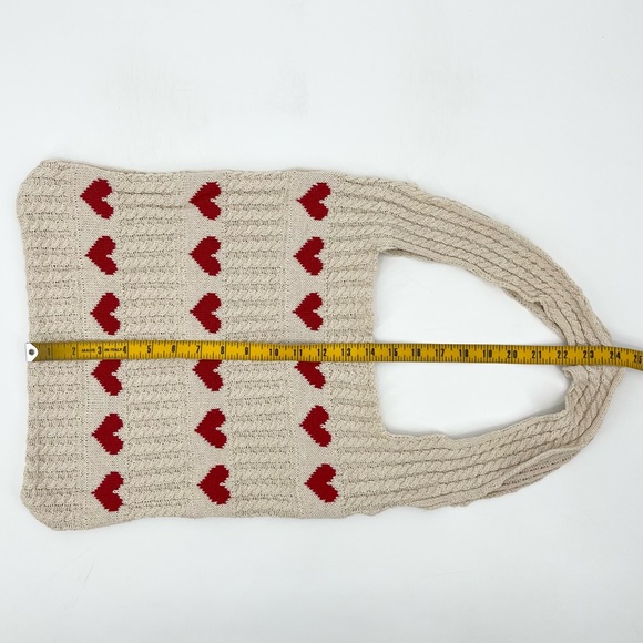NEW Y2K Tan/Red Hearts Crochet Knit Shoulder Hobo Tote Bag - Picture 9 of 9